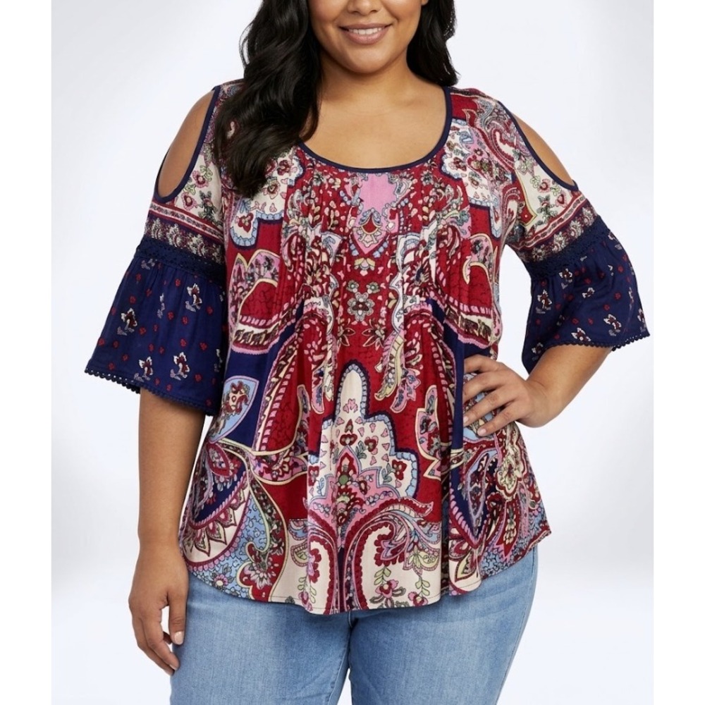 Bila Cut-out Shoulder Bell Sleeve Top XL Red Navy Paisley Boho Blouse